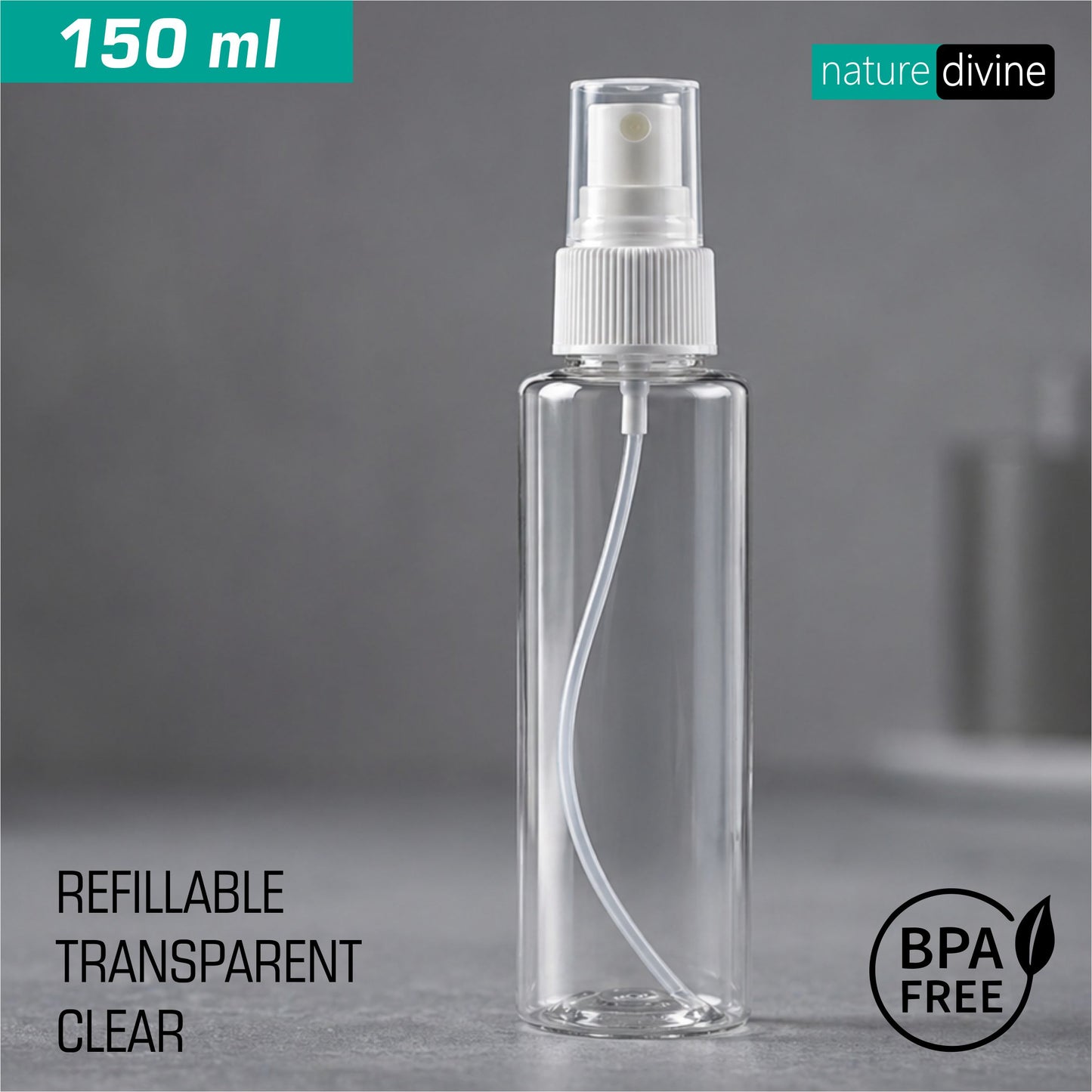 Nature Divine Refillable Transparent Clear Mist Plastic Spray Bottle 150 ml