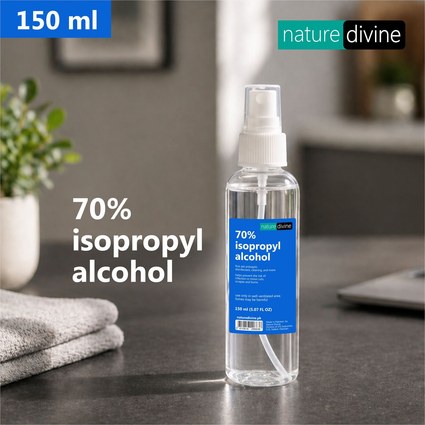 70% Isopropyl Alcohol, IPA Rubbing Alcohol, Hand Rub, General Purpose Antiseptic Disinfectant and Cleaner 150 ml