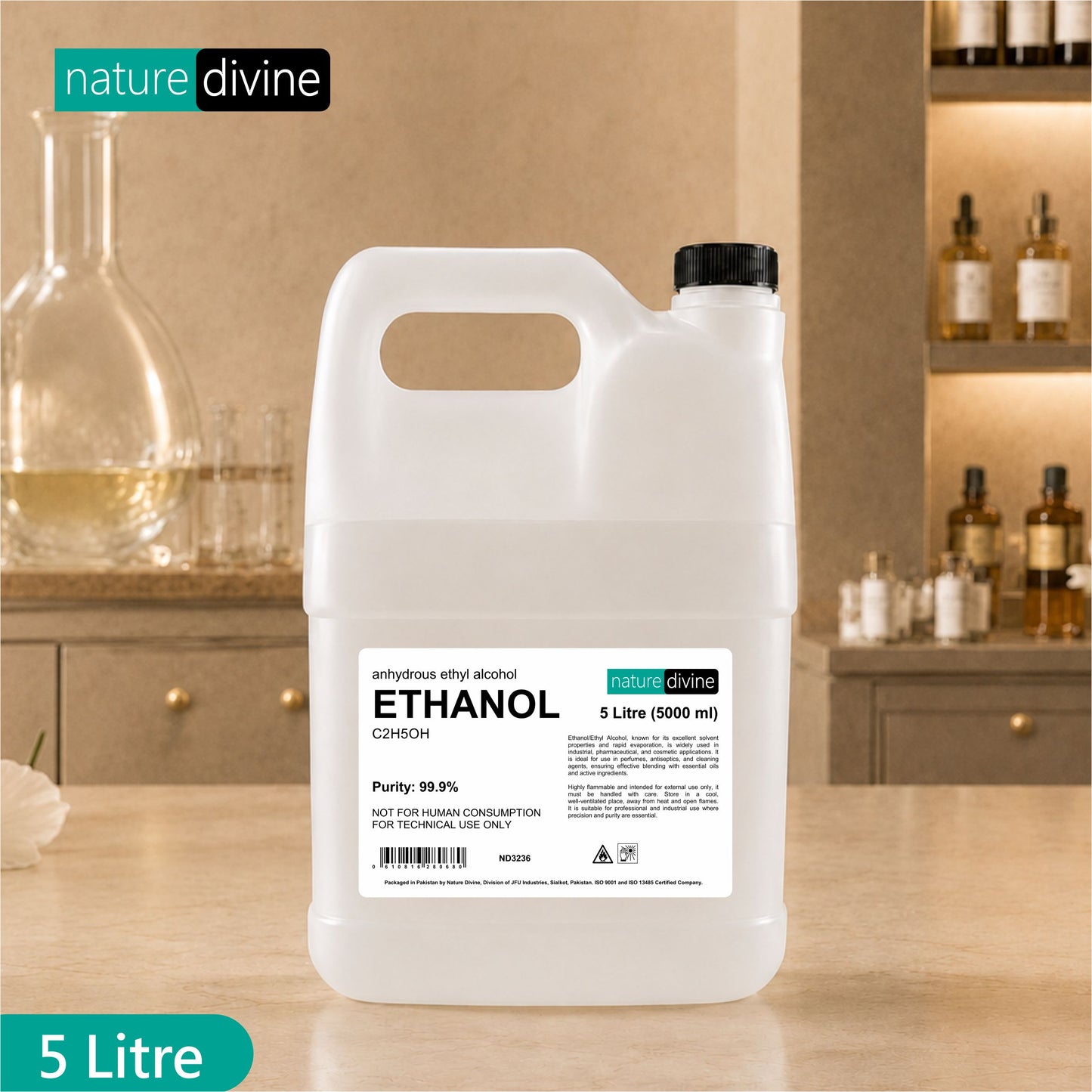 Ethanol 99.9% - Ethyl Alcohol for Cosmetics, Perfumes, Lab Use, Dilution, and Disinfectants 5 Litre
