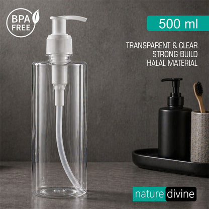 500 ml Nature Divine Hard Shell Transparent Refillable Empty Plastic Liquid Dispenser Long Tube Round Bottle with Pump