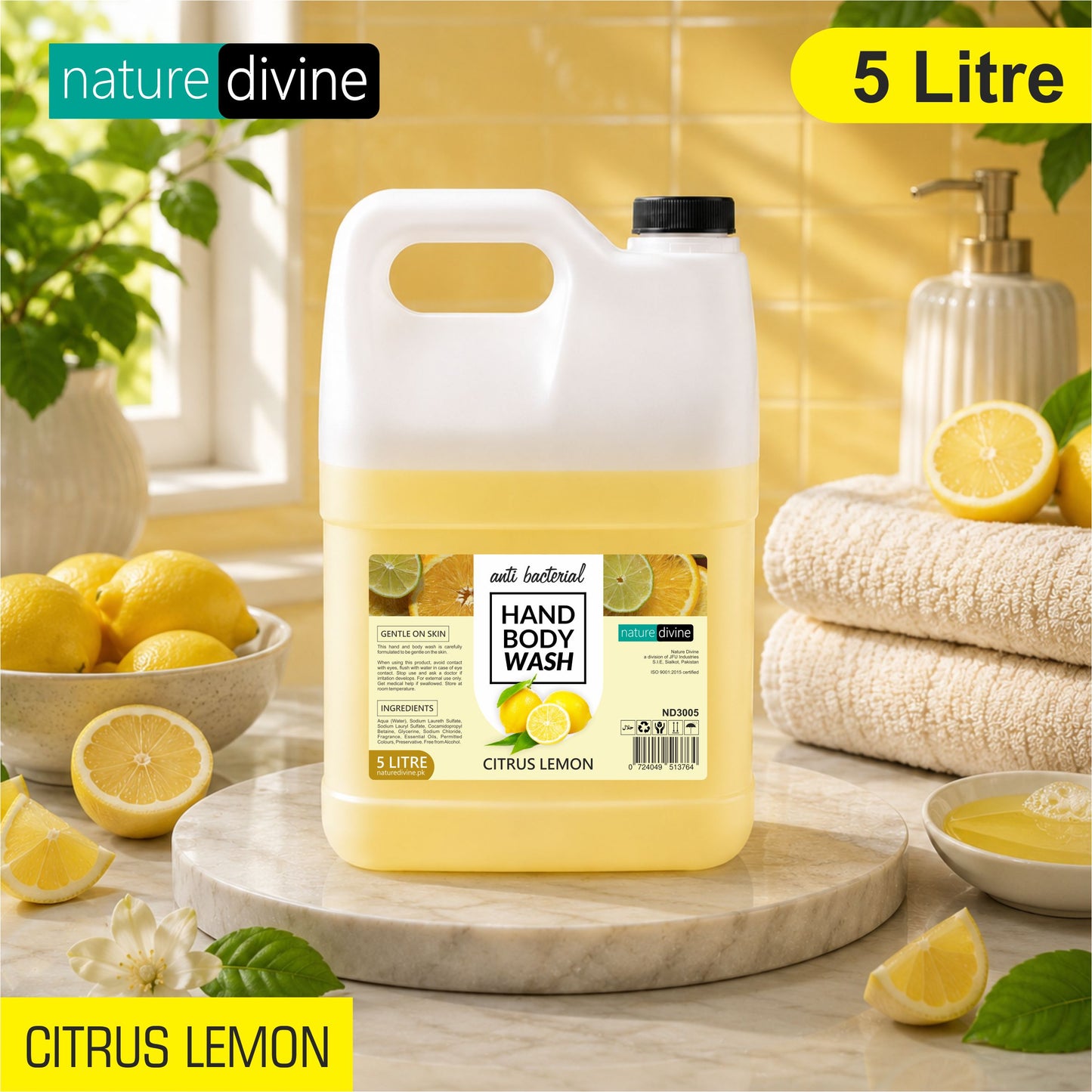 5 Litre Nature Divine Antibacterial Citrus Lemon Hand Wash, Hand Soap, Body Wash Liquid
