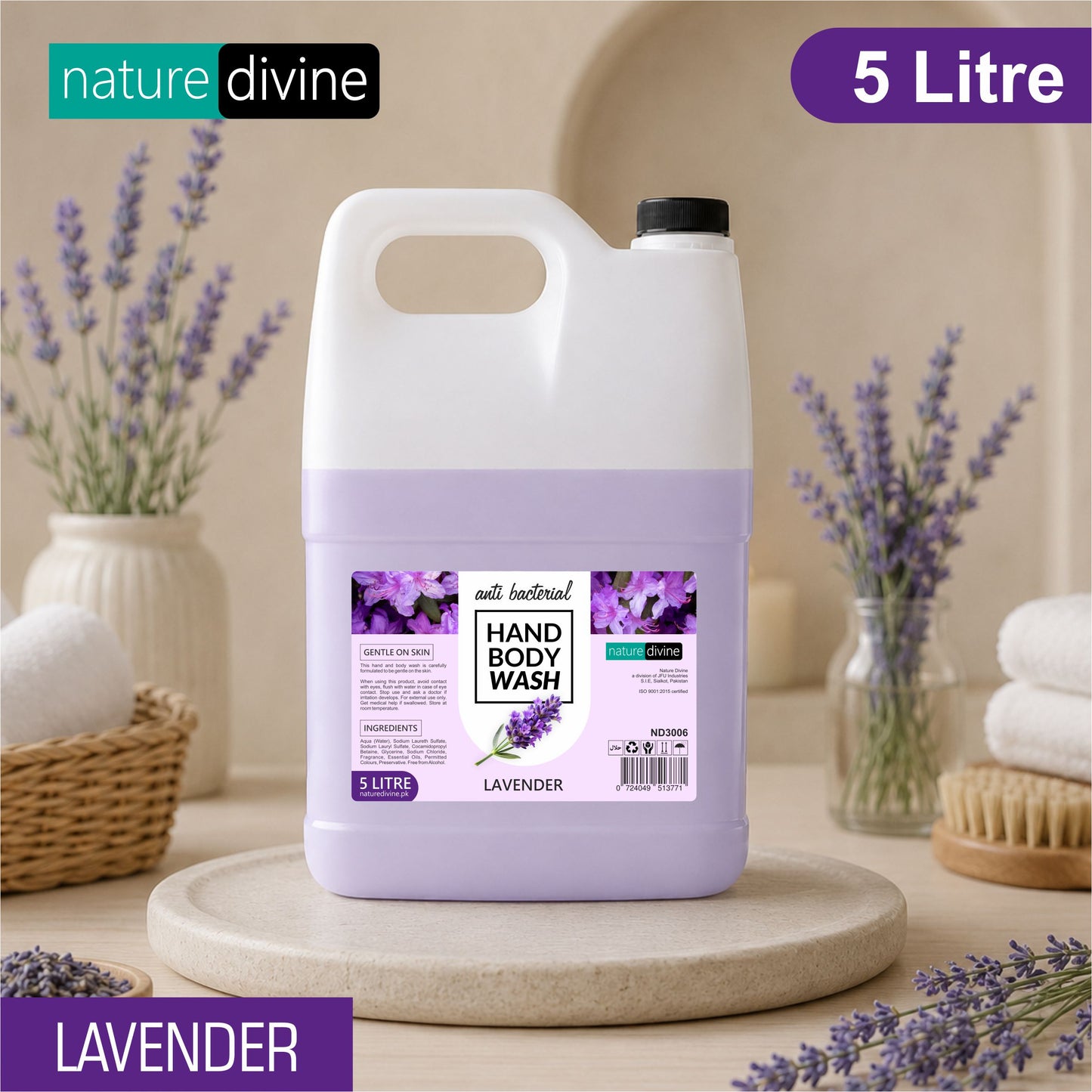 5 Litre Nature Divine Antibacterial Lavender Hand Wash, Hand Soap, Body Wash Liquid