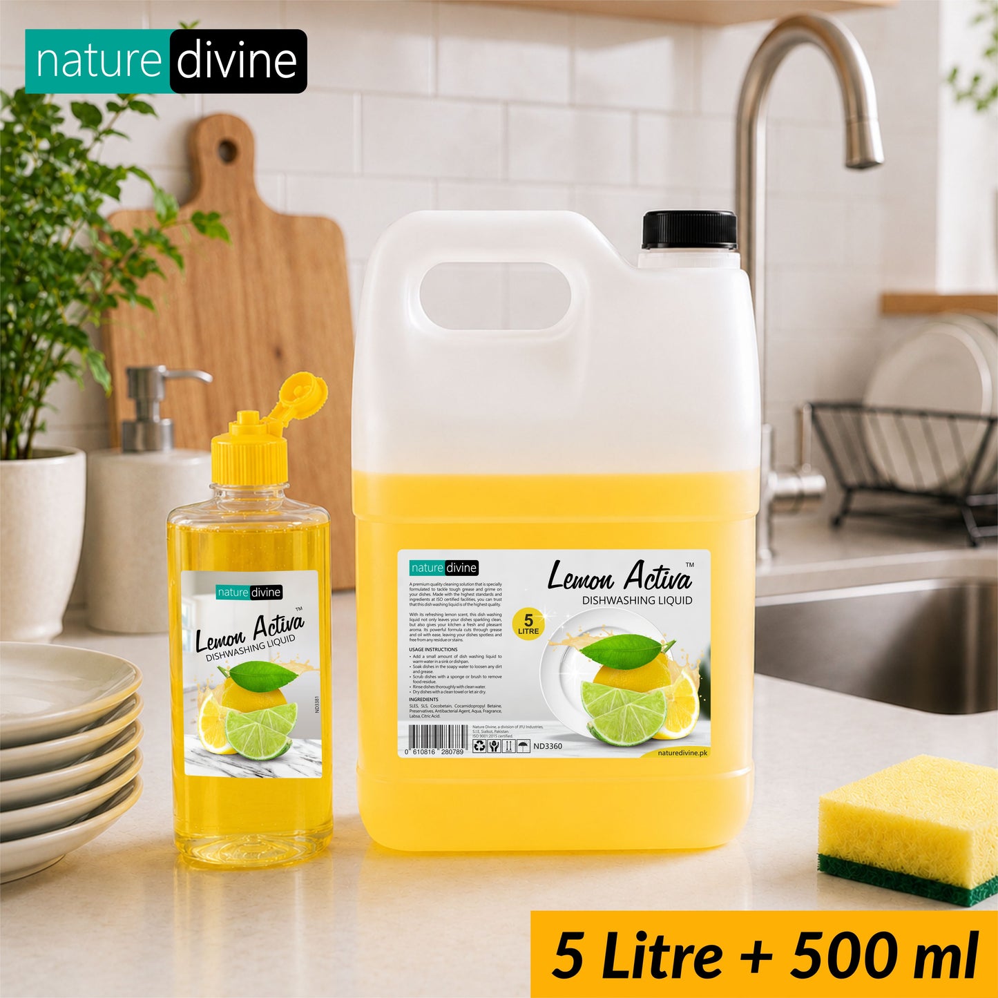 Lemon Activa Dishwashing Liquid, Kitchen Cleaner and Dish Wash Refill Pack 5 Litre with 500 ml