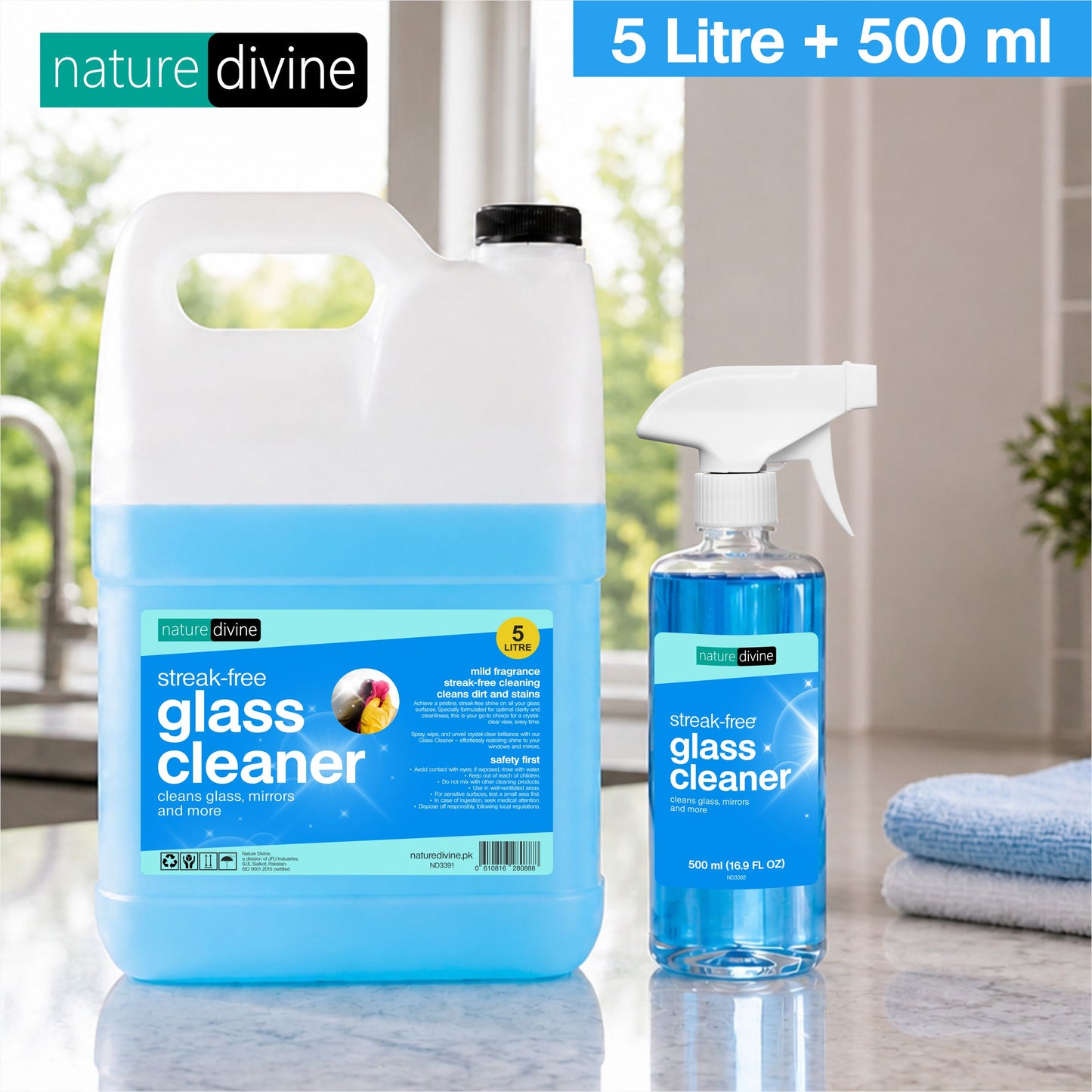 Glass Cleaner Liquid 5 Litre with 500 ml Refillable Spray Bottle - Streak-Free and Anti Dust