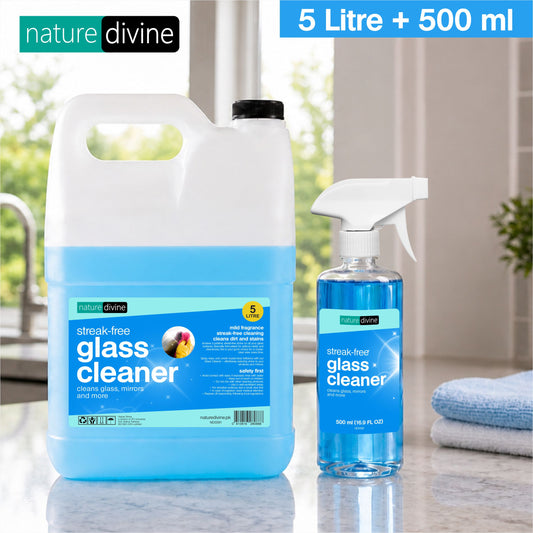 Glass Cleaner Liquid 5 Litre with 500 ml Refillable Spray Bottle - Streak-Free and Anti Dust