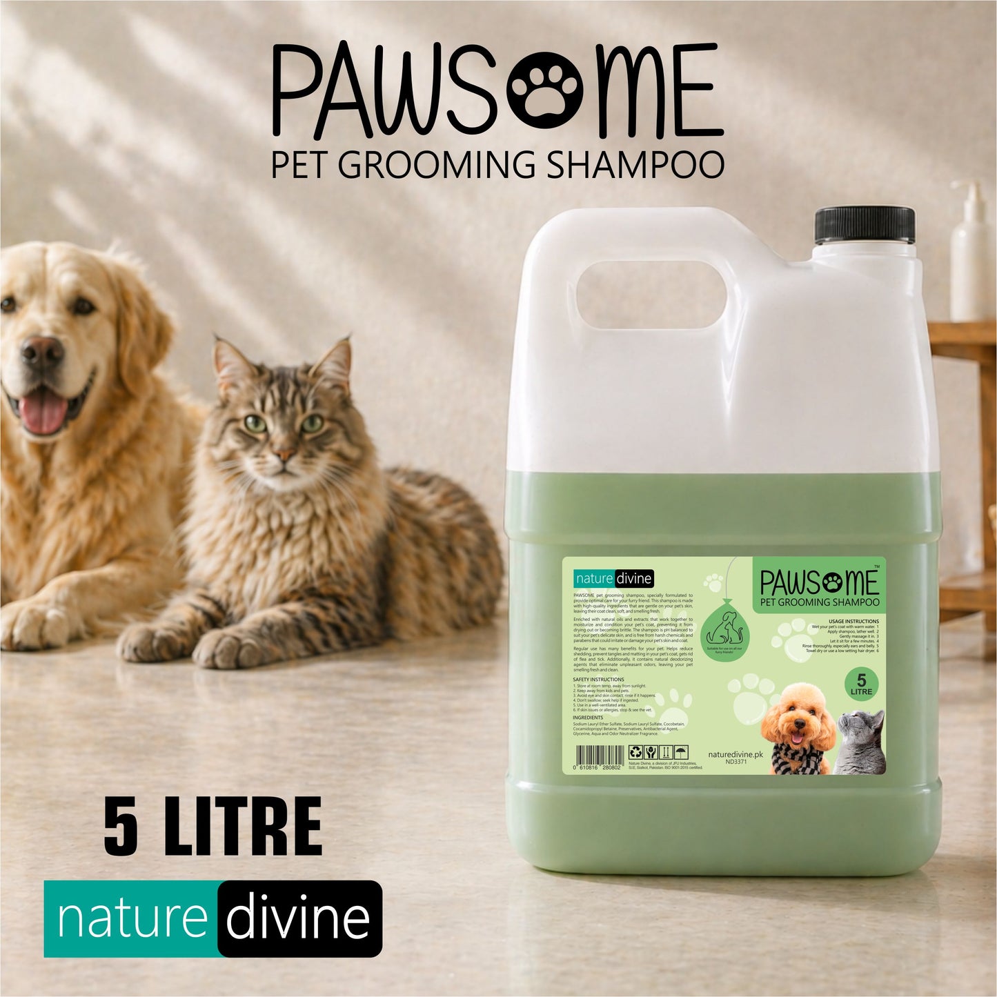 Nature Divine - PAWSOME Pet Grooming Shampoo for Dogs, Cats and Domestic Animals 5 Litre