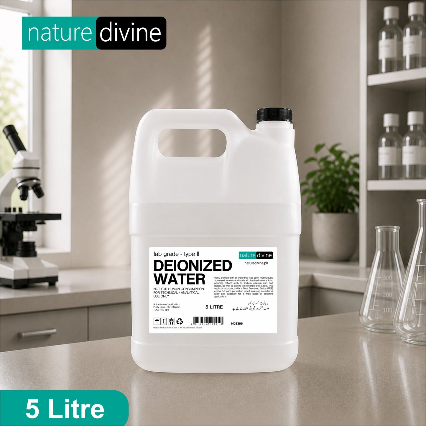 Demineralized Deionized Water 5 Litre - Laboratory, Cosmetics and Analytical Grade