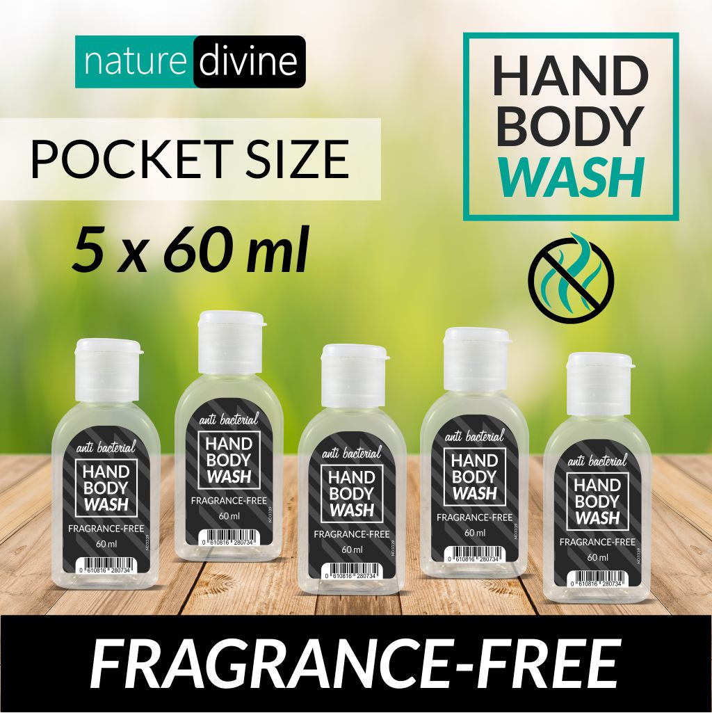 Pack of 5 Pocket and Travel Size Antibacterial, Unscented, Fragrance-free, Hand Wash, Body Wash Liquid for Hajj, Umrah and Sensitive Skin 60 ml