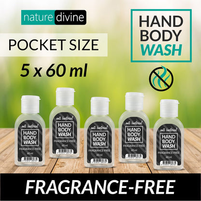 Pack of 5 Pocket and Travel Size Antibacterial, Unscented, Fragrance-free, Hand Wash, Body Wash Liquid for Hajj, Umrah and Sensitive Skin 60 ml