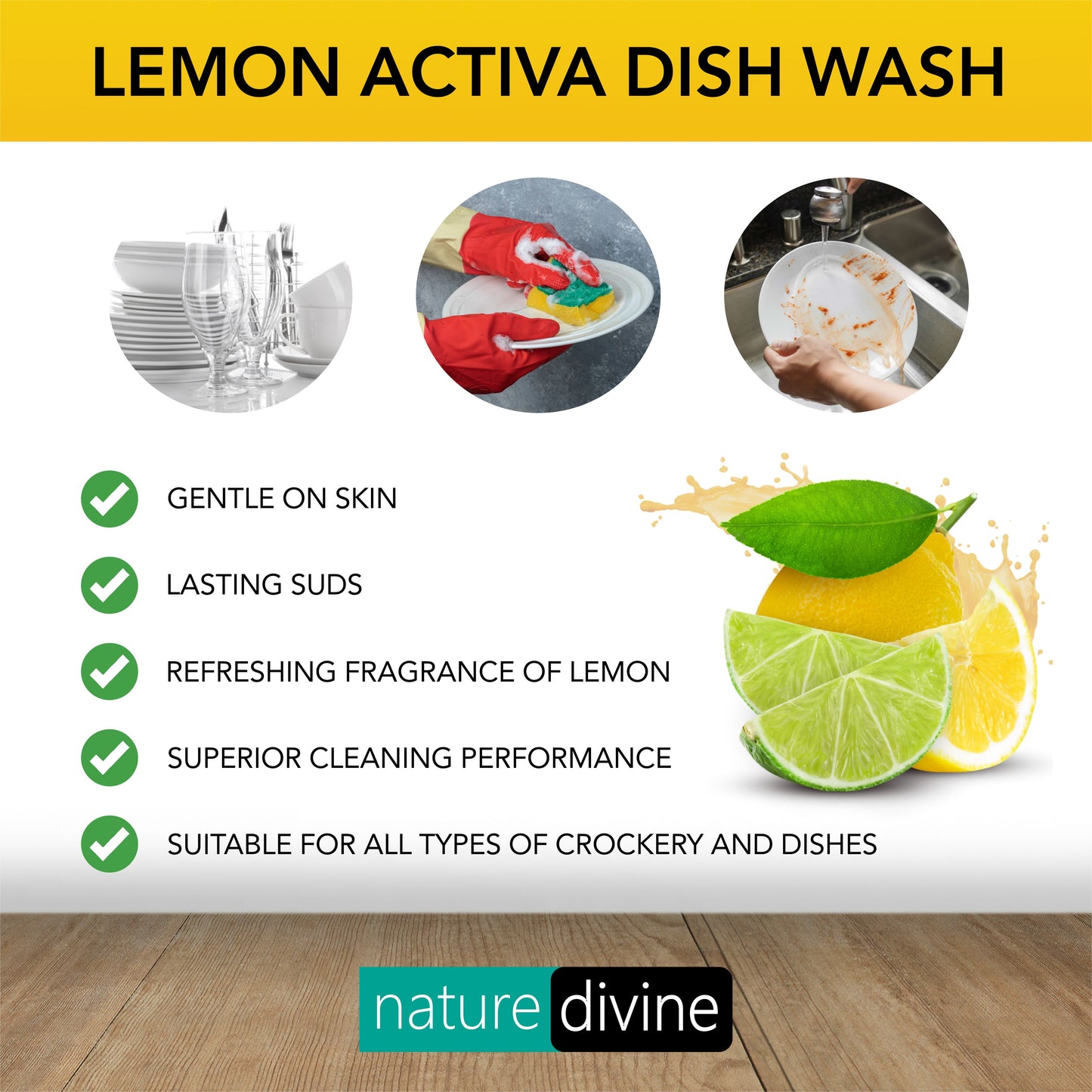 Nature Divine - Lemon Activa Dishwashing Liquid, Kitchen Cleaner and Dish Wash 500 ml