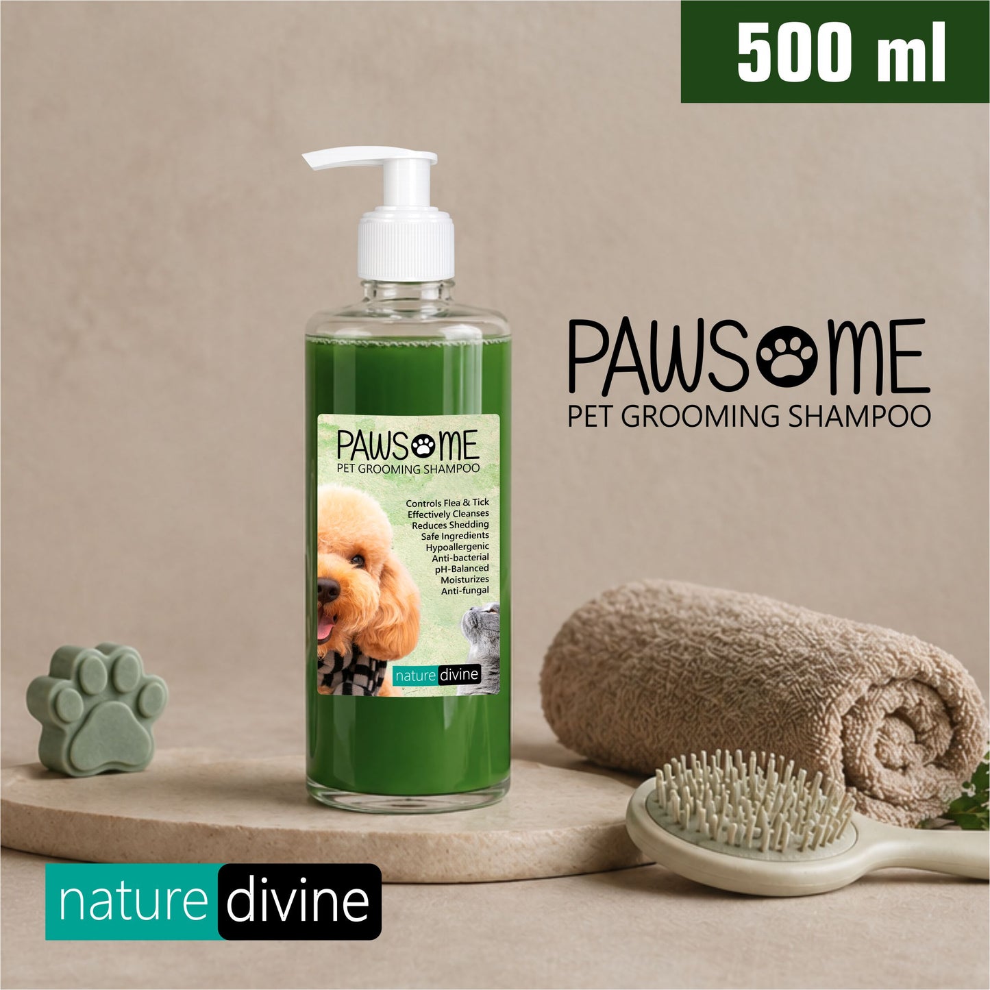 Nature Divine - PAWSOME Pet Grooming Shampoo for Dogs, Cats and Domestic Animals 500 ml with Pump